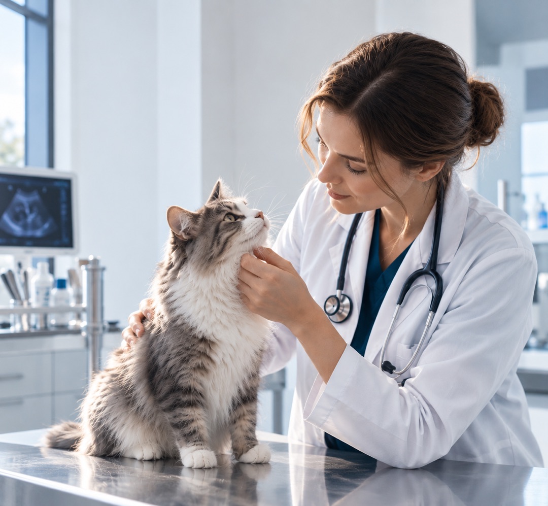 A veterinarian examining a cat in a clinic